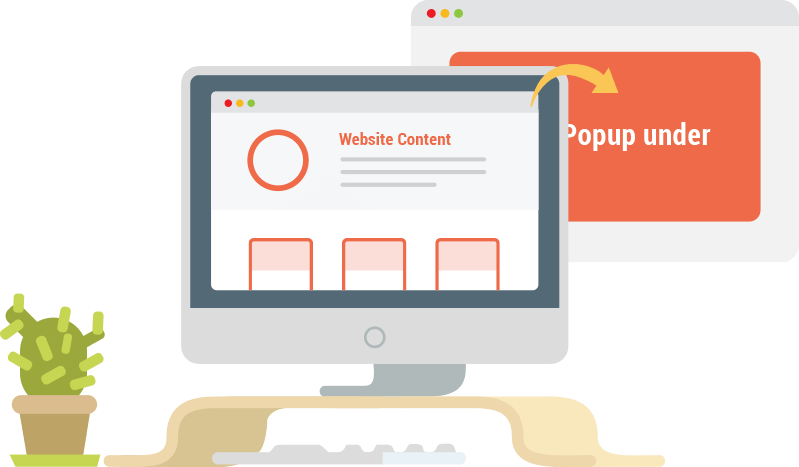 A pop-under window opening behind the website content